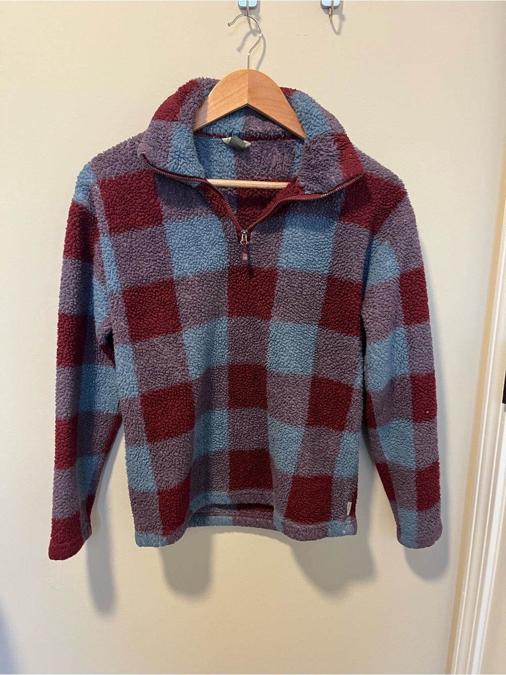 Eddie Bauer Women’s Half-Zip Check Fleece Pullover - Light Blue & Burgundy